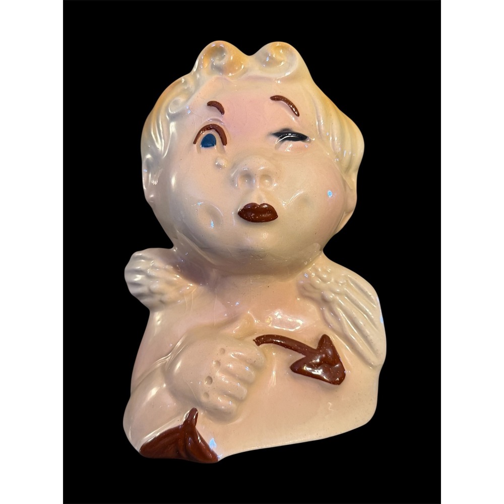 Vintage Winking Angel Cherub Head Vase Ceramic Mid Century Modern Kitsch Planter